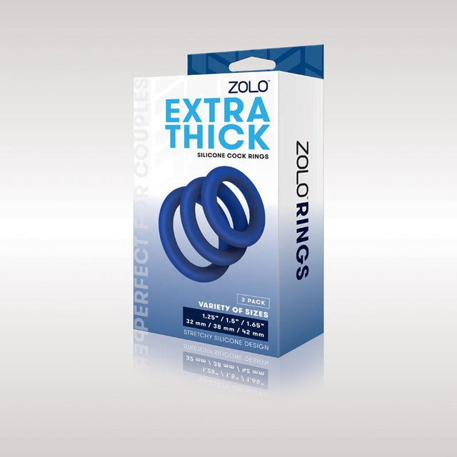 The Zolo Extra Thick Silicone Cock Rings 3-Pack includes three blue rings in sizes 1.26, 1.38, and 1.65. With its stretchy silicone design, the packaging features a sleek gray gradient.